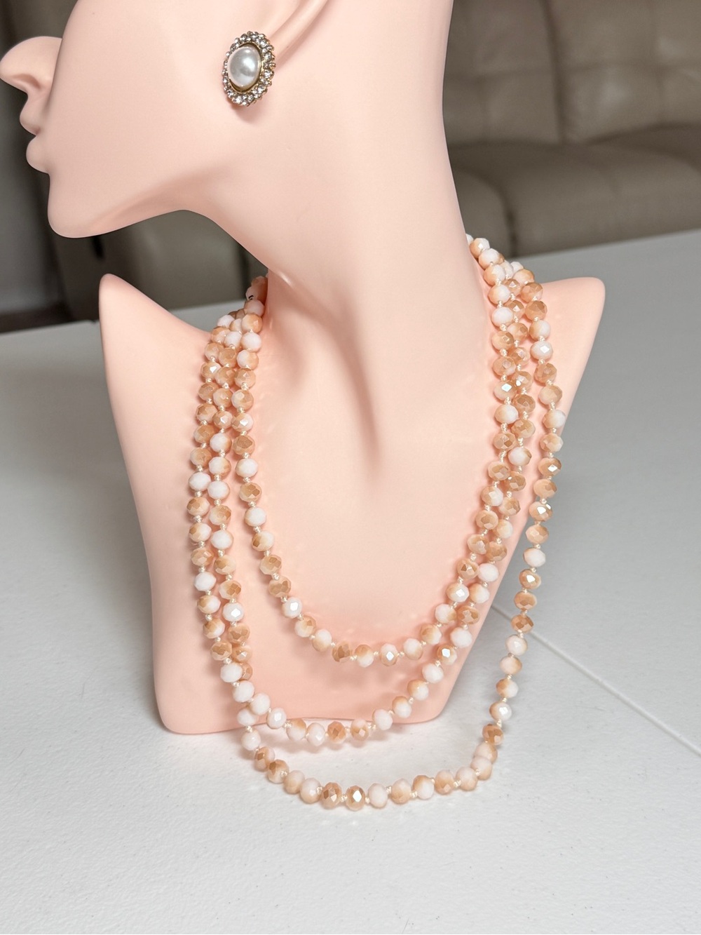 Vintage Retro Style Long Cream Faceted Bead Multi-Strand Necklace